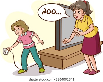 girl pull out the plug television cartoon vector