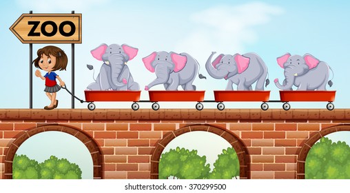 Girl pulling carts loaded with elephants to the zoo illustration