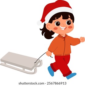 Girl Pulling Sleigh in Winter Outfit Illustration