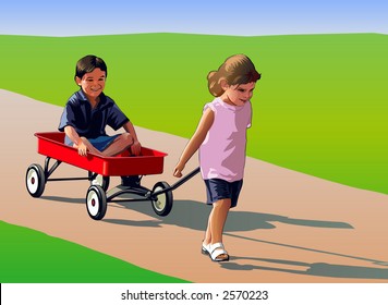 Girl pulling wagon with boy sitting and smiling - VECTOR