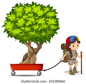 Girl pulling wagon with green tree illustration