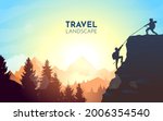Girl pulls guy to the top of mountain. Help, teamwork. Hiking. Adventure. Travel concept of discovering, exploring and observing nature. Polygonal minimalist graphic flat design. Vector illustration.