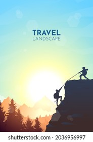 Girl pulls guy to the top of mountain. Help, teamwork. Hiking. Adventure. Travel concept of discovering, exploring and observing nature. Polygonal minimalist graphic flat design. Vector illustration.
