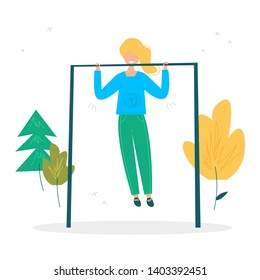 Girl pulls herself up on the horisontal bar. Summer sport illustrations collection. Girl power. Active lifestyle concept
