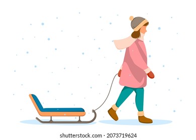 Girl pulls sled. Concept of winter fun. Vector illustration in flat style.