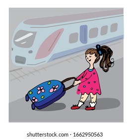 Mädchen zieht einen Koffer auf dem Hintergrund des Bahnhofs von Peron.  Koffer für Reisen, Urlaub. Farbige, handgezeichnete Vektorillustration. Einfache Skizze. Zug und Leute Silhouette.