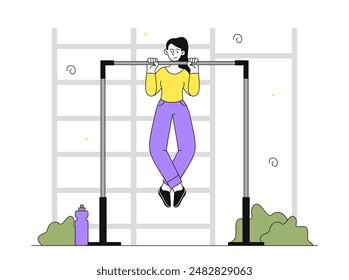 Girl pulls up. Woman training in gym. Strengthening muscles and strength. Sportswoman with fitness and workout. Active lifestyle and sports. Linear vector illustration isolated on white background