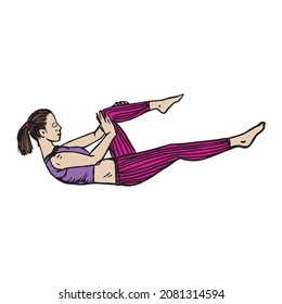 Girl pumping press in bright pink leggings, hand drawn doodle, drawing, sketch illustration