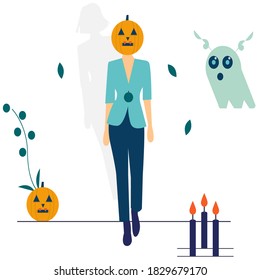 Girl with a pumpkin in autumn. Cute illustration in flat style.