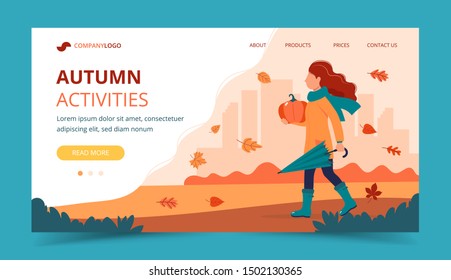 Girl with a pumpkin in autumn. Landing page template. Cute vector illustration in flat style.