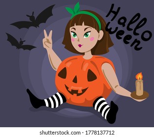 
Girl in a pumpkin costume. Halloween lettering. Girl holding a candle in her hands. The bats.