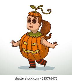 Girl in Pumpkin costume for Halloween, vector