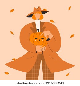 A girl with a pumpkin in her hands. Dressed in a cloak and hat. Illustration in autumn colors. Halloween concept.