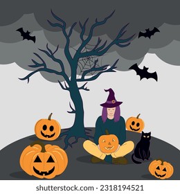 A girl with a pumpkin in a witch's hat sits under a dry tree. Dark clouds, bats. Halloween.