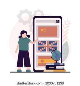 Girl pupil chooses foreign language to study. Female student chooses online courses for learning different languages. E-learning and homeschooling. Application on phone screen. Vector illustration