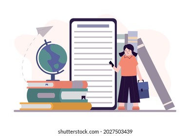 Girl pupil read books in online library. App for reading books on smartphone for students. E-book page on phone screen. Concept of electronic library, e-learning and education. Vector illustration