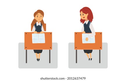 Girl Pupil Or Student Sitting At Desk Having School Lesson Front View Vector Set