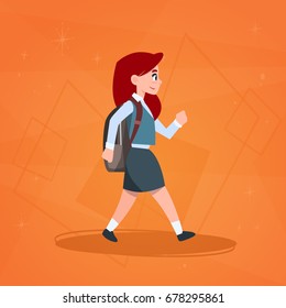 Girl Pupil Walking To School Schoolgirl Small Primary Student Flat Vector Illustration