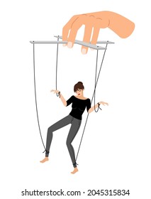 Marioneta de chica. Violencia de control de la mujer, marionetas marionetas manipuladas, personas abusadas de ilustración vectorial, concepto de dictado patriarcal aislado en blanco