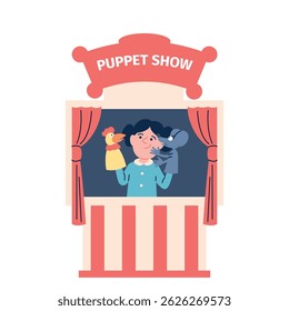 Girl with puppets. Puppet show scene, funny young artist with dolls on hands plays out theatrical production. Kid entertainment recent vector scene