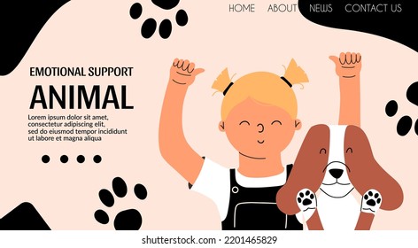 Girl and puppy. Banner for emotional support animal service, veterinary clinic. Vector illustration in flat style