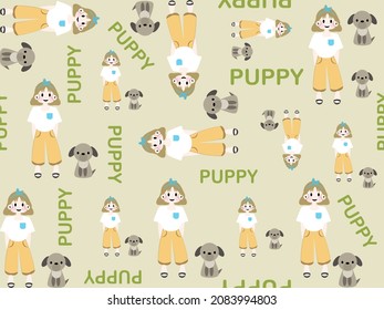 girl and puppy cartoon character seamless pattern  on green background