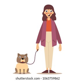 Girl with a puppy dog on a leash - isolated over a white background