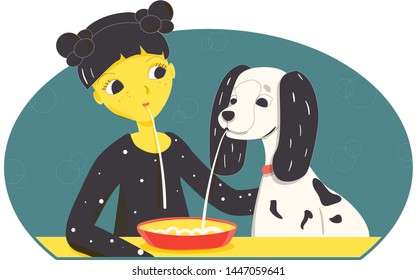 girl and puppy eat from one plate