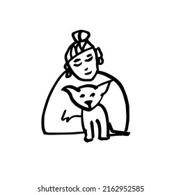 A girl and a puppy. A hand-drawn character. Vector doodle illustration