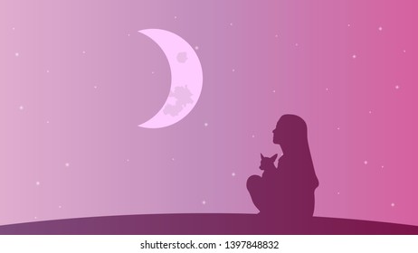 Girl with puppy on the pink starry sky background vector design