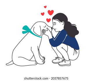 Girl with puppy. Pretty dog and little girl commumion, cute happy kid hugging pet, children love pets friendship lifestyle vector color illustration on white