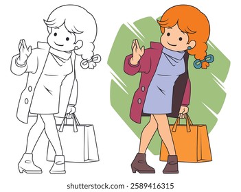 Girl with purchases after successful shopping trip. Funny people. Illustration concept template for website, web landing page, banner, presentation, social, poster, promotion or print media.