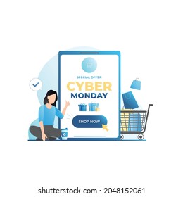 Girl purchases goods in paper bags in cart, places order in online store for promotions, sale, special offer on Cyber ​​Monday with gifts in boxes with bows. Woman with big buy now button.