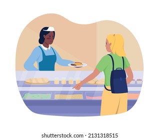 Girl purchasing lunch 2D vector isolated illustration. School lunch time menu flat characters on cartoon background. High school cafe colourful scene for mobile, website, presentation