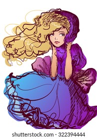 Girl in the purple cape, standing against the wind. Vector stylish   portrait with a beautiful girl for your design. Fashion, style, beauty. 