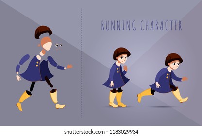 Girl in a purple coat and yellow boots standing. Female brunette straight hair character in purple coat. Character for running, standing and waving animation. Avatar for a nice person or a school girl