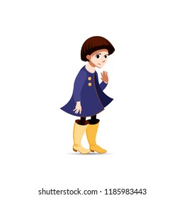 Girl in a purple coat and yellow boots standing. Female brunette straight hair character in purple coat. Character for running, standing and waving animation. Avatar for a nice person or a school girl