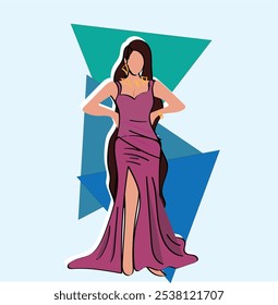 Chica con vestido púrpura. Hermosa mujer en Vector de vestir rosa largo de moda. Mujer hermosa en vestido rojo burdeos largo de la moda para la noche o el cóctel, acontecimiento. Chica bonita con ropa elegante.