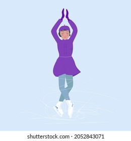 A girl in a purple dress is engaged in figure skating, spinning on a skating rink with her hands raised. Winter hobbies and recreation. Vector illustration in cartoon style.