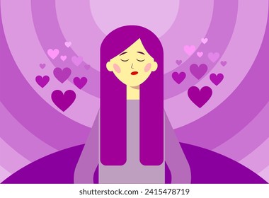 Girl with purple hair with hearts around. Flat vector illustration