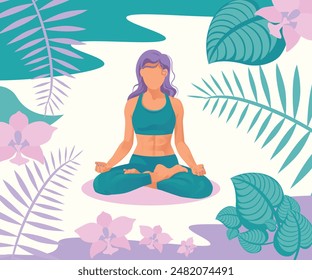 A girl with purple hair meditates in the lotus pose. Yoga practice in nature among green plants and orchids
