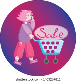 a girl with purple hair in pink clothes with a grocery basket goes to buy food and clothes at a discount to the store in a dark circle of blue and crimson colors on a white background