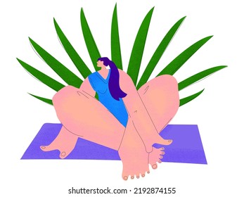 A girl with purple hair is relaxed in a lotus position on a white background. Concept of student in yoga class. Man with large body parts and small head in vector format with texture.