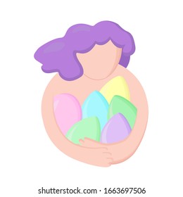 A girl with a purple haircut in a flat style holds colored Easter eggs of different colors: blue, green, yellow, pink, lilac. Vector iso image on a white background.