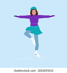 Una chica con una chaqueta morada y una falda verde se dedica al patinaje artístico, girando en la pista con las manos separadas. Hobbies de invierno y recreación. Ilustración vectorial al estilo de las caricaturas.