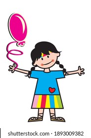 Girl with purple party balloon, funny vector illustration. Smiling kid holds balloon. 