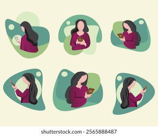 Girl in purple shaded dress holding a mobile phone in different directions