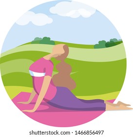 A girl in a purple suit doing yoga in the fresh air. Vector illustration in flat style.