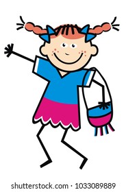 girl with purse, happy kid, vector icon