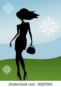 girl with purse and snowflakes stylized